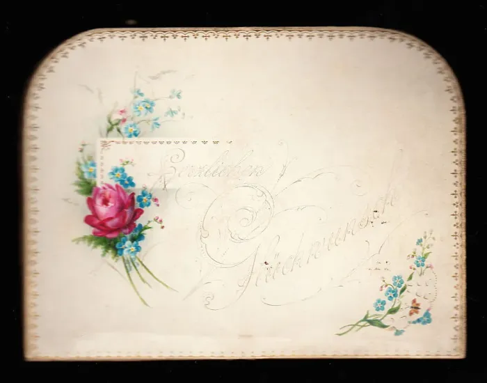 Framed Print : Pink and blue flowers on a German greetings card Framed Print : Pink and blue flowers on a German greetings card