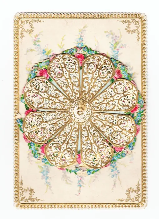 Framed Print : Pink and blue flowers on an ornate greetings card Framed Print : Pink and blue flowers on an ornate greetings card