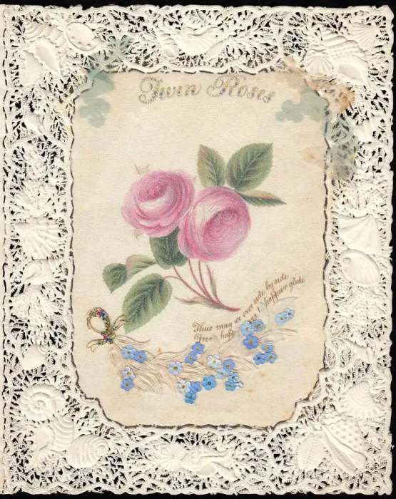 Framed Print : Pink and blue flowers on a paper lace romantic card Framed Print : Pink and blue flowers on a paper lace romantic card