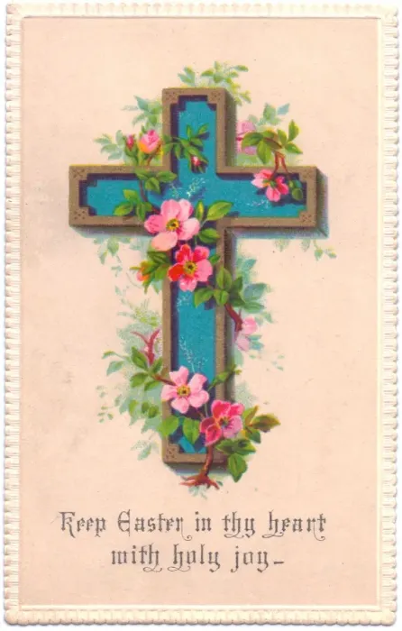 Framed Print : Pink flowers on a blue cross on an Easter card Framed Print : Pink flowers on a blue cross on an Easter card