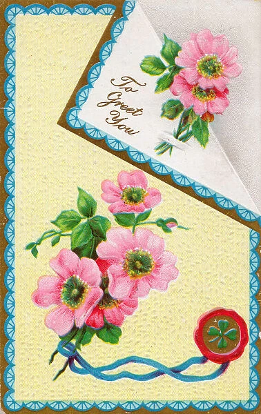 Pink flowers and blue ribbon on a greetings postcard