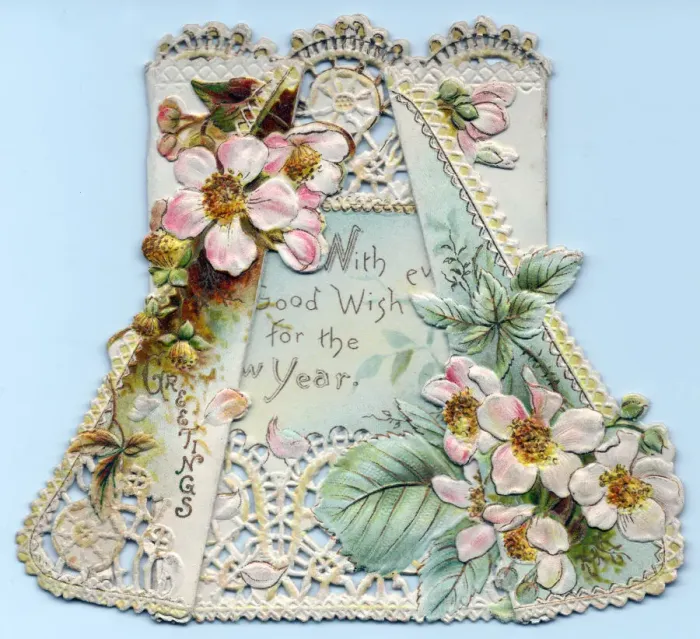 Framed Print : Pink flowers on a cutout lacy New Year card Framed Print : Pink flowers on a cutout lacy New Year card