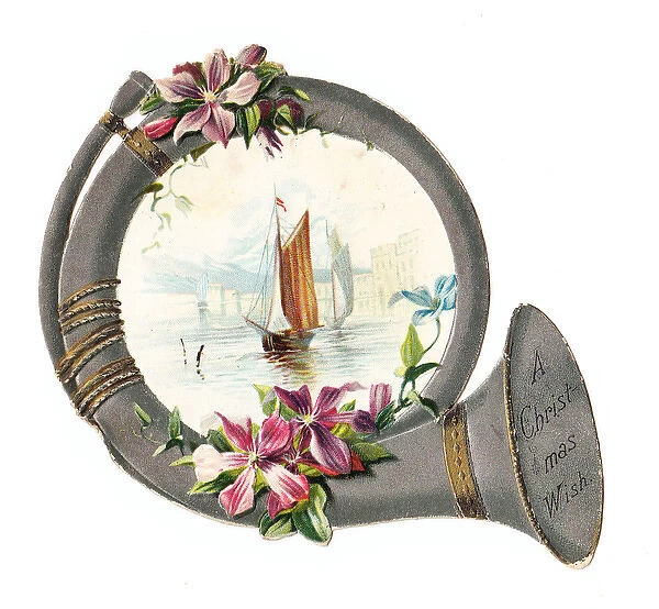 Pink flowers on a horn-shaped Christmas card