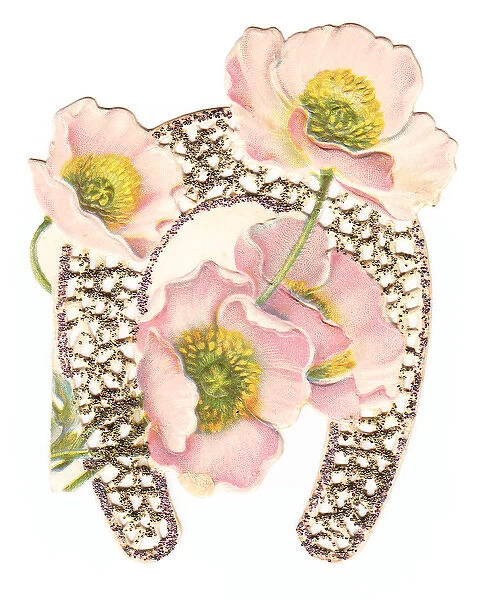 Pink flowers on a horseshoe-shaped greetings card