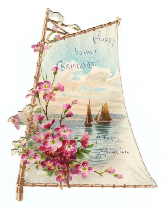 Framed Print : Pink flowers on a sail-shaped Christmas card Framed Print : Pink flowers on a sail-shaped Christmas card