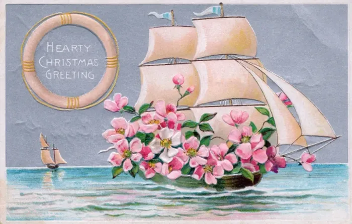 Framed Print : Pink flowers in a sailing ship on a Christmas postcard Framed Print : Pink flowers in a sailing ship on a Christmas postcard