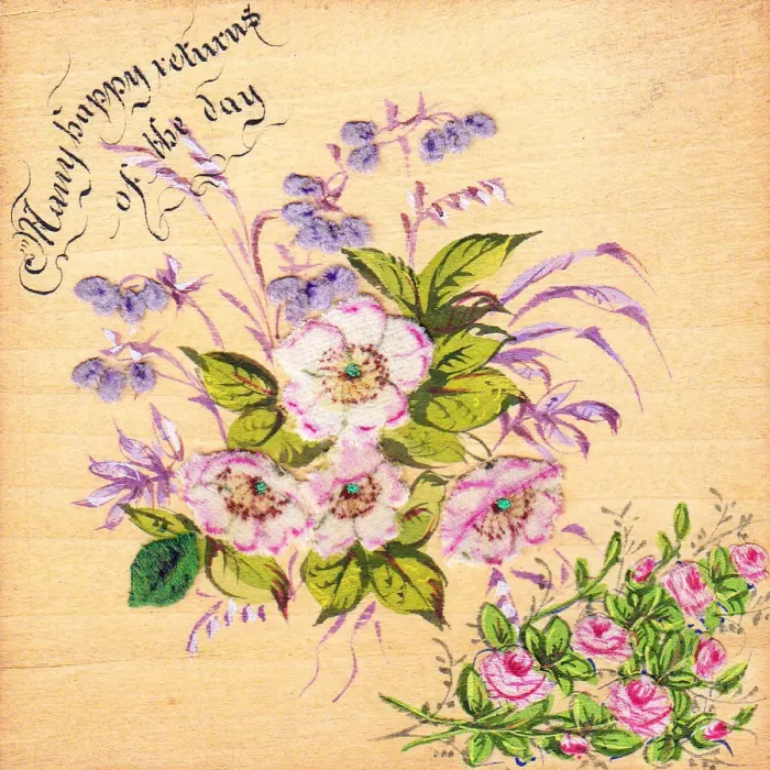 Framed Print : Pink and mauve flowers made of silk on a birthday card Framed Print : Pink and mauve flowers made of silk on a birthday card