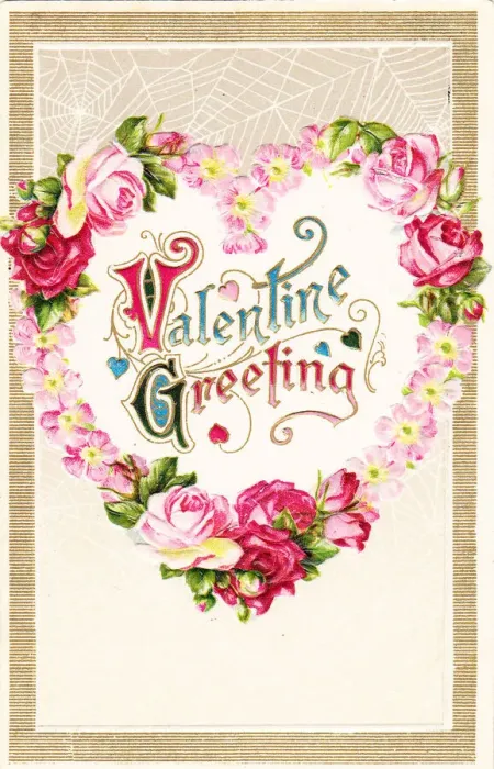 Framed Print : Pink and red roses in a heart shape on a Valentine postcard Framed Print : Pink and red roses in a heart shape on a Valentine postcard