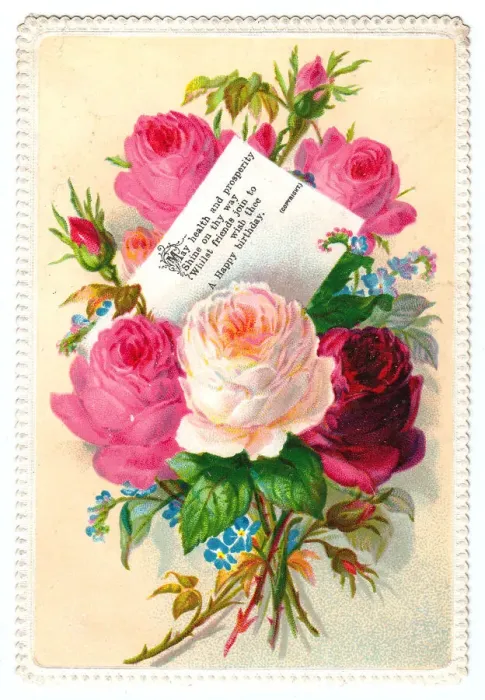 Framed Print : Pink roses on a birthday greetings card Framed Print : Pink roses on a birthday greetings card
