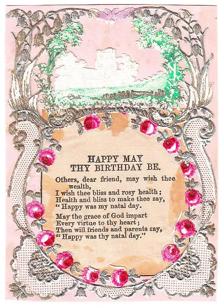 Pink roses with Birthday verse on paper lace greetings card