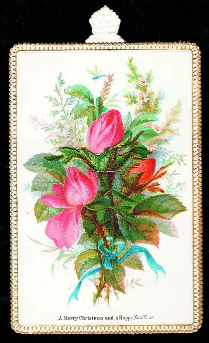 Framed Print : Pink roses on a Christmas and New Year card Framed Print : Pink roses on a Christmas and New Year card