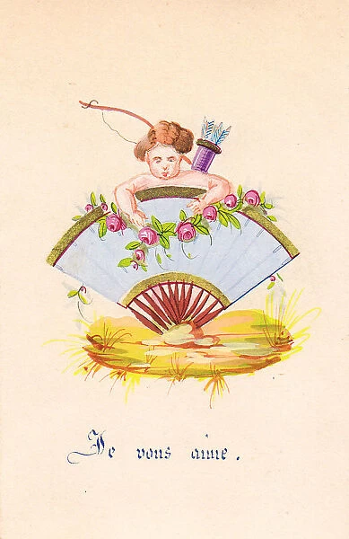 Pink roses, fan and Cupid on a hand-coloured card