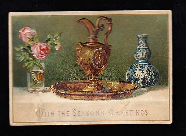Pink roses, gold jug, blue and white vase on Christmas card