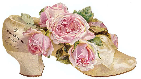 Pink roses in a shoe-shaped Christmas card