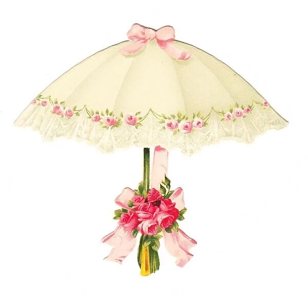 Pink roses and a white parasol on a cutout card