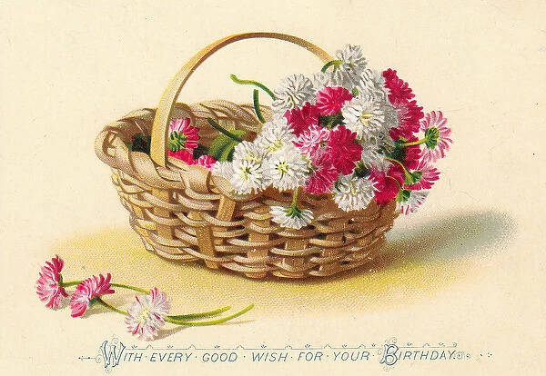 Pink and white flowers in a basket on a birthday card