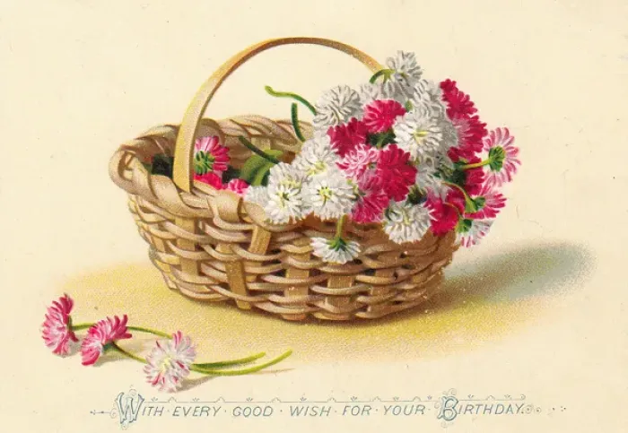 Framed Print : Pink and white flowers in a basket on a birthday card Framed Print : Pink and white flowers in a basket on a birthday card