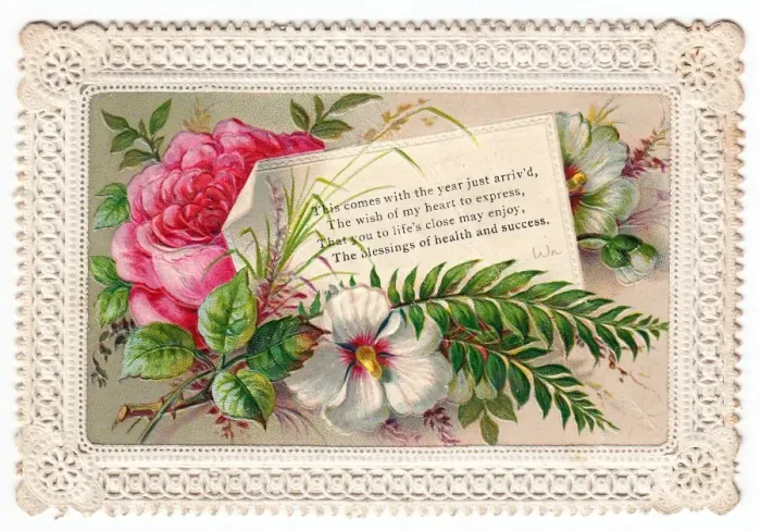 Framed Print : Pink and white flowers on a New Year card Framed Print : Pink and white flowers on a New Year card