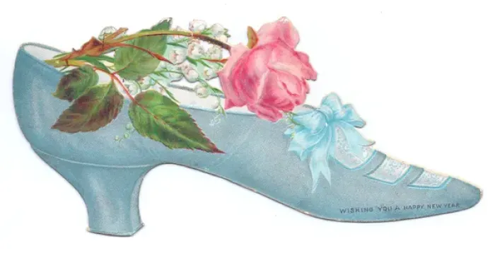 Framed Print : Pink and white flowers in a shoe-shaped New Year card