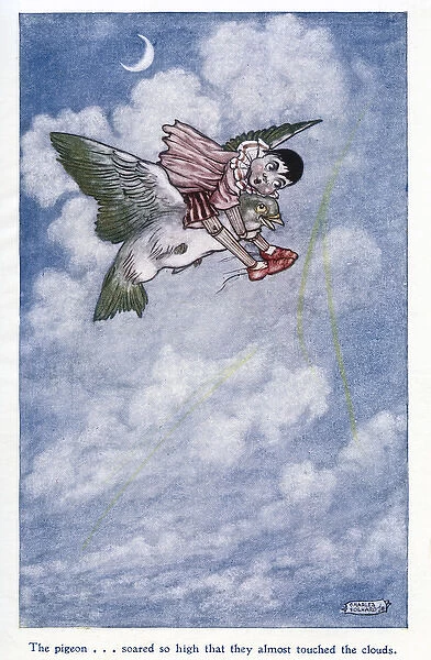 Pinocchio -- flying on the back of a pigeon