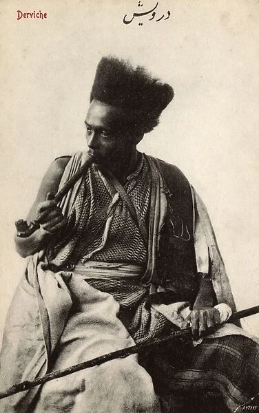 Pipe-smoking Syrian Dervish with fantastic hairstyle