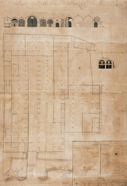 Plan and elevation of the building of the shipyards of Barce