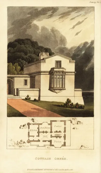 Framed Print : Plan and elevation for a Georgian style ornate cottage Framed Print : Plan and elevation for a Georgian style ornate cottage