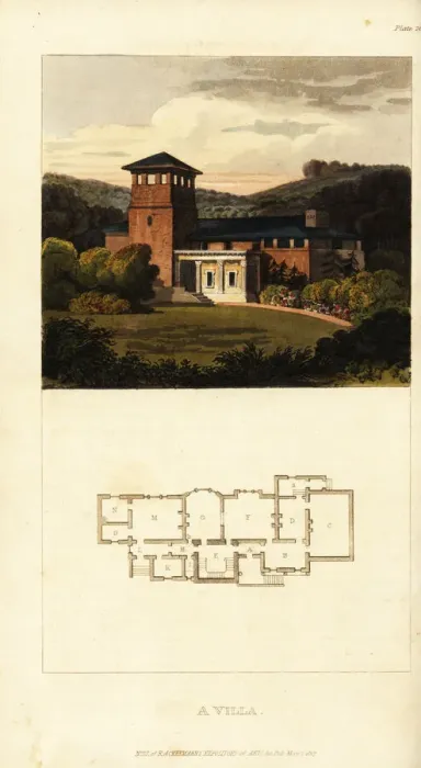 Framed Print : Plan and elevation of a Regency artists villa Framed Print : Plan and elevation of a Regency artists villa