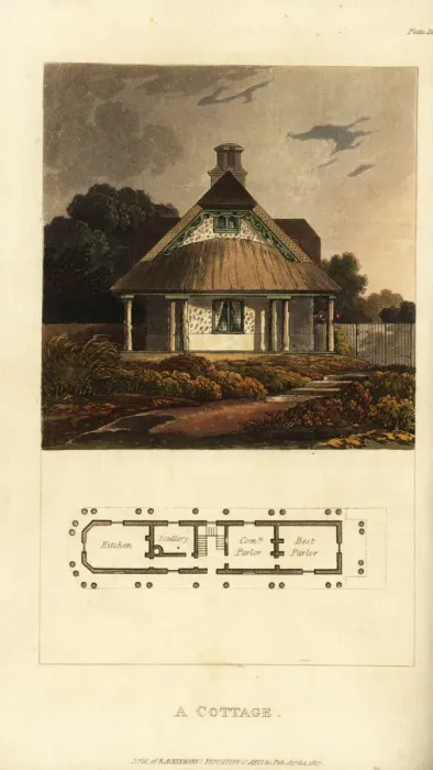 Framed Print : Plan and elevation of a Regency cottage Framed Print : Plan and elevation of a Regency cottage