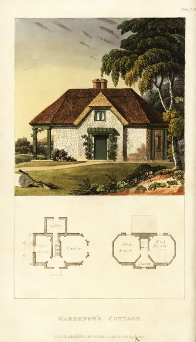 Framed Print : Plan and elevation of a Regency gardeners cottage