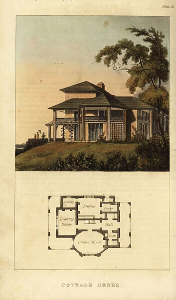 Plan and elevation of a Regency ornate cottage