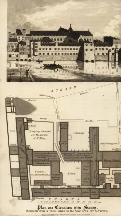 Framed Print : Plan and elevation of the Savoy buildings, London, 1736 Framed Print : Plan and elevation of the Savoy buildings, London, 1736