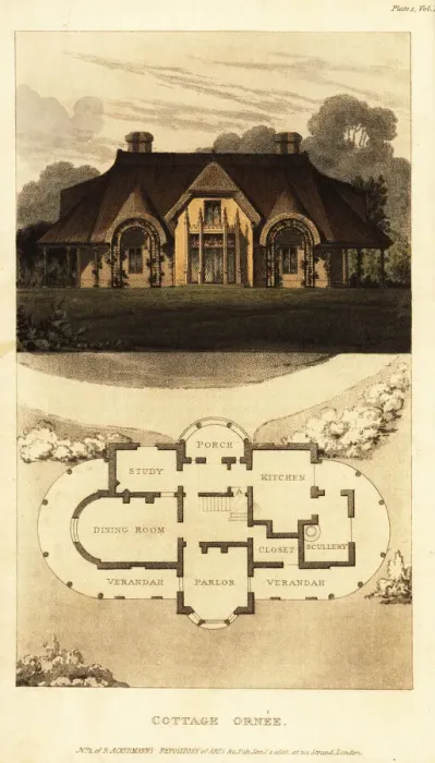 Framed Print : Plan and elevation for a thatched cottage Framed Print : Plan and elevation for a thatched cottage