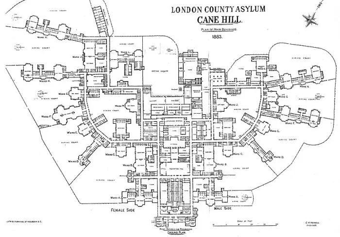 Framed Print : Plan of the Main Buildings of the London County Asylum (Hospital) at Cane Hill - C.H. Howell - Architect. Date: 1883 Framed Print : Plan of the Main Buildings of the London County Asylum (Hospital) at Cane Hill - C.H. Howell - Architect. Date: 1883