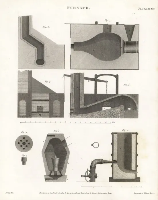 Framed Print : Plans and elevations for a furnace, early 19th century Framed Print : Plans and elevations for a furnace, early 19th century