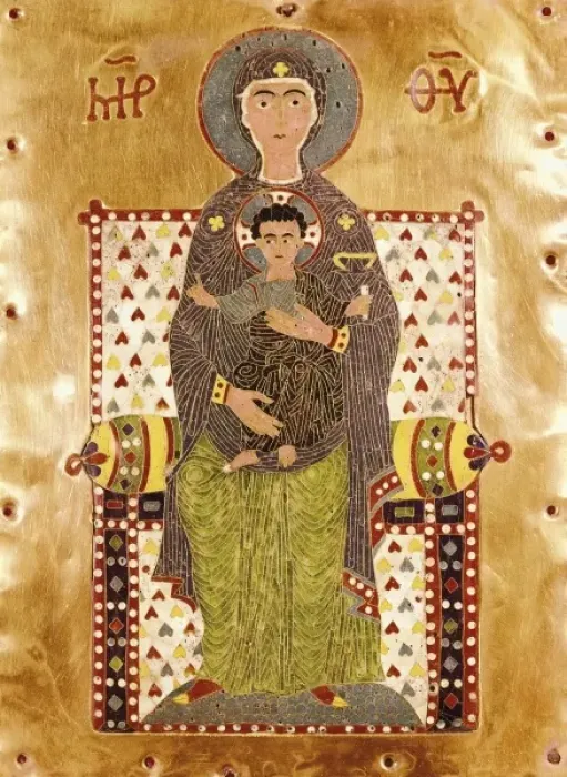 Framed Print : Plaque depicting an enthroned Virgin Mary (Theotocos Framed Print : Plaque depicting an enthroned Virgin Mary (Theotocos