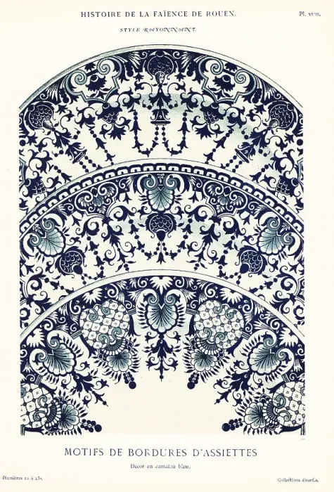 Framed Print : Plate border mofifs in blue camaieu, festoon style, Rouen Framed Print : Plate border mofifs in blue camaieu, festoon style, Rouen