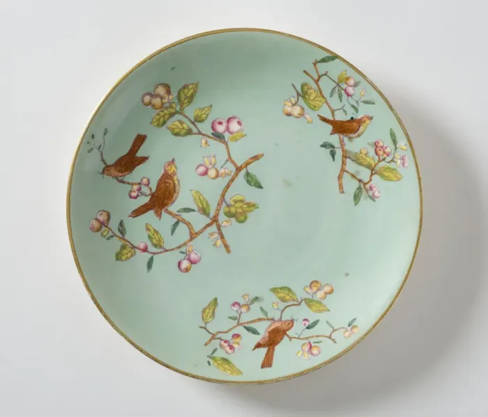 Framed Print : Plate made from glazed hard-paste porcelain, decorated with a transfer-printed Framed Print : Plate made from glazed hard-paste porcelain, decorated with a transfer-printed