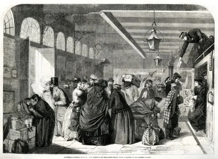 Framed Print : Platform scene at Hastings railway station, Sussex 1860 Framed Print : Platform scene at Hastings railway station, Sussex 1860