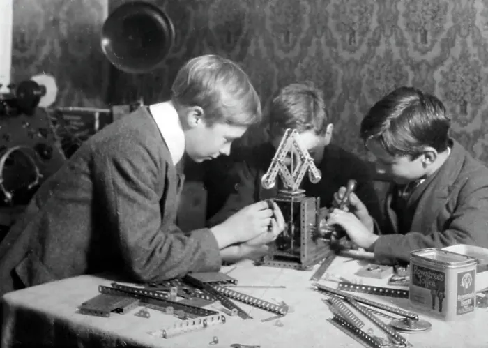 Framed Print : Playing with Meccano, possibly 1920s Framed Print : Playing with Meccano, possibly 1920s
