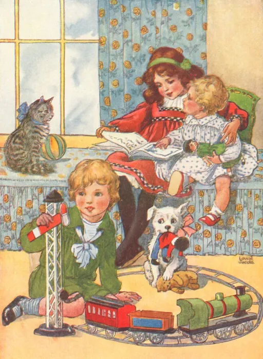 Framed Print : Playtime in the nursery. Reading and playing with toys Framed Print : Playtime in the nursery. Reading and playing with toys
