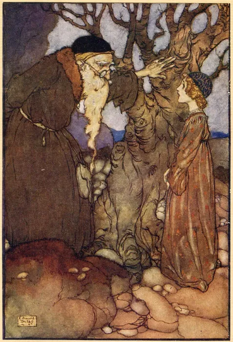 Framed Print : Please, she said. I want to be a nightingale. Scene from the story, The Bird of Shadows and the Sun-Bird, illustrated by Edmund Dulac. Date: 1913 Framed Print : Please, she said. I want to be a nightingale. Scene from the story, The Bird of Shadows and the Sun-Bird, illustrated by Edmund Dulac. Date: 1913