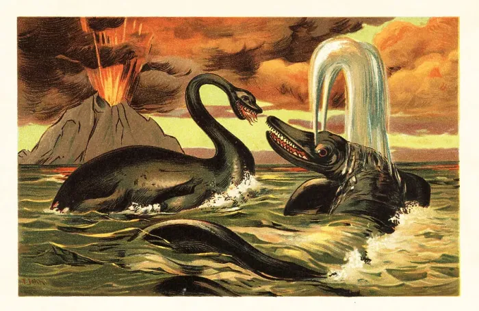 Framed Print : Plesiosaurus and Ichthyosaurus battling in front of an erupting Framed Print : Plesiosaurus and Ichthyosaurus battling in front of an erupting