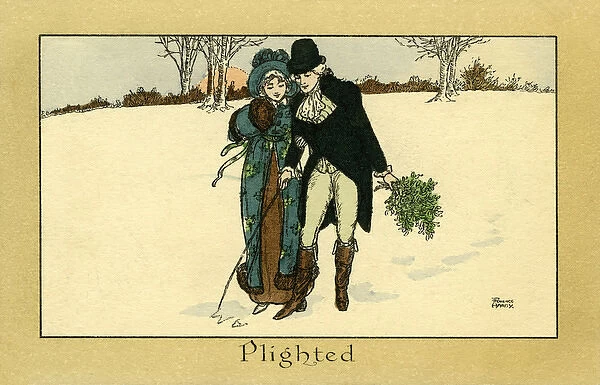 Plighted. A couple from the late 18th century with Xmas holly plight their