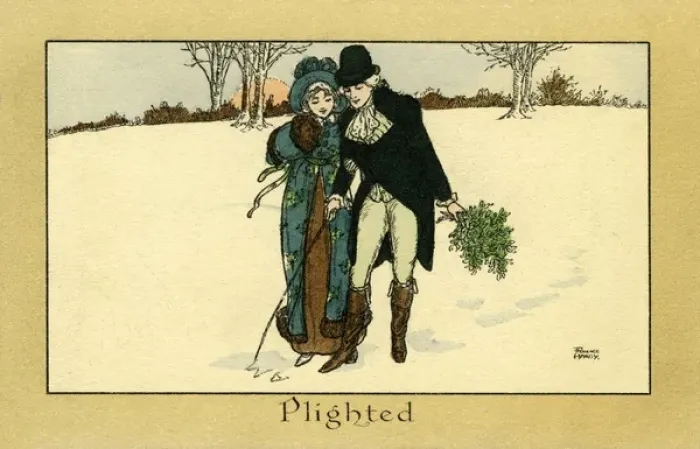 Framed Print : Plighted. A couple from the late 18th century with Xmas holly plight their Framed Print : Plighted. A couple from the late 18th century with Xmas holly plight their