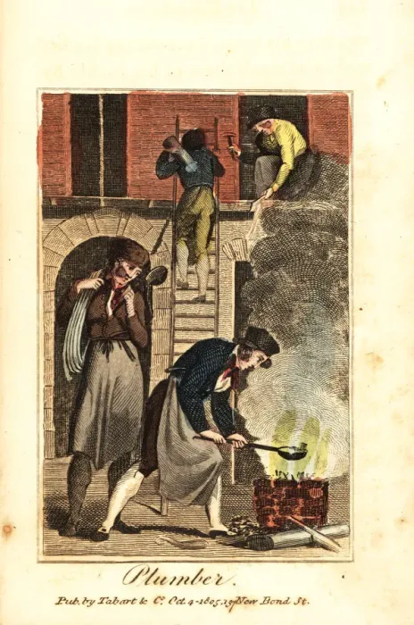 Framed Print : Plumber heating lead in a fire to fix lead Framed Print : Plumber heating lead in a fire to fix lead
