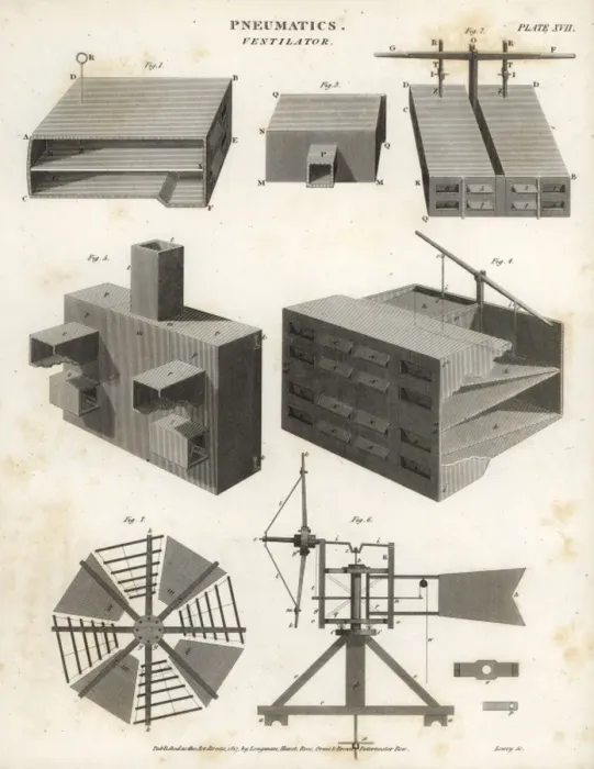 Framed Print : Pneumatics ventilator, section and plan, 18th century Framed Print : Pneumatics ventilator, section and plan, 18th century