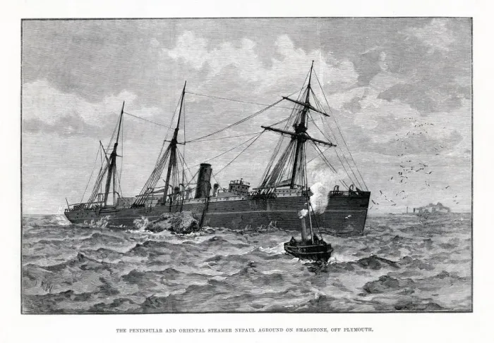 Framed Print : P&O Steamship Nepaul - The Nepaul shown aground on the Shagstone, although she went Framed Print : P&O Steamship Nepaul - The Nepaul shown aground on the Shagstone, although she went