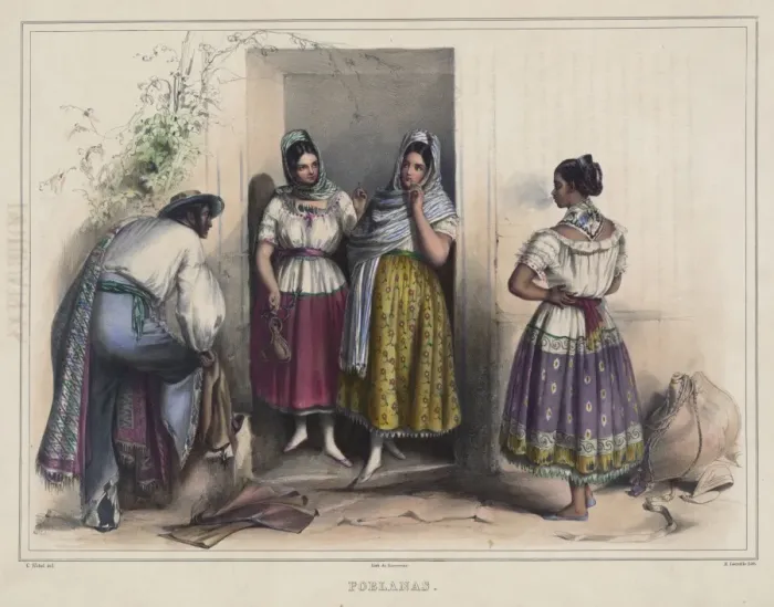 Framed Print : Poblanas. Print showing a man and three women Framed Print : Poblanas. Print showing a man and three women