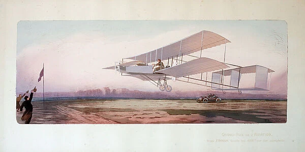 Pochoir print, Aviation Grand Prix, Henri Farman completes 1000 metres in his aeroplane